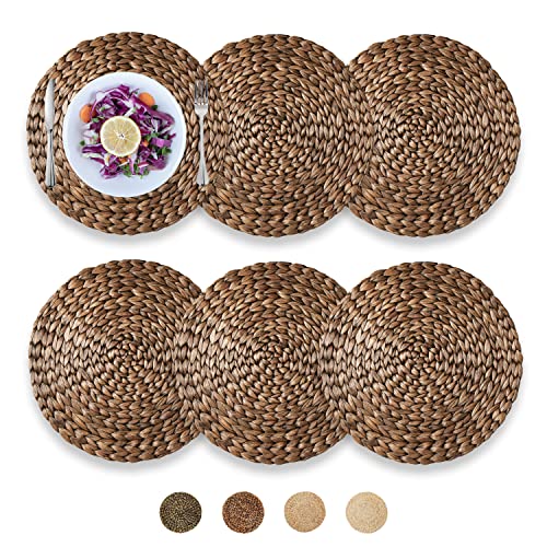 13.8" Decocoon Set of 6 Black Wicker Placemats, Water Hyacinth Placemats, Rattan Chargers for Dinner Plates, Woven Round Rattan Placemats, Seagrass Charger Plates, Woven Chargers, Straw Placemats