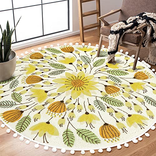 Boho Pom Poms Fringe Round Rug for Bedroom and Living Room, 4' Circle Floral Plant Washable Area Rug