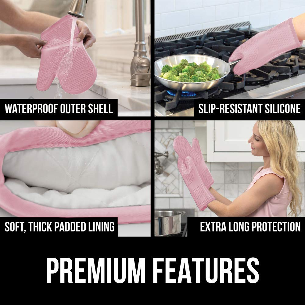 Gorilla Grip Heat and Slip Resistant Silicone Oven Mitts Set, Soft Cotton Lining, Waterproof, BPA-Free, Long Flexible Thick Gloves for Cooking, BBQ, Kitchen Mitt Potholders, 12.5 in, Pink
