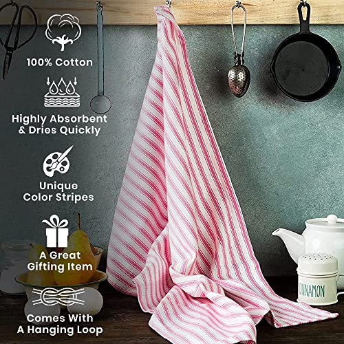 Candy Cottons Set of 3 Kitchen Dish Towels, 100% Cotton Kitchen Towels, with Hanging Loop, Dishcloth Sets for Washing & Drying Dishes, Tea Towels & Hand Towels 18x28, French Stripe, Pink