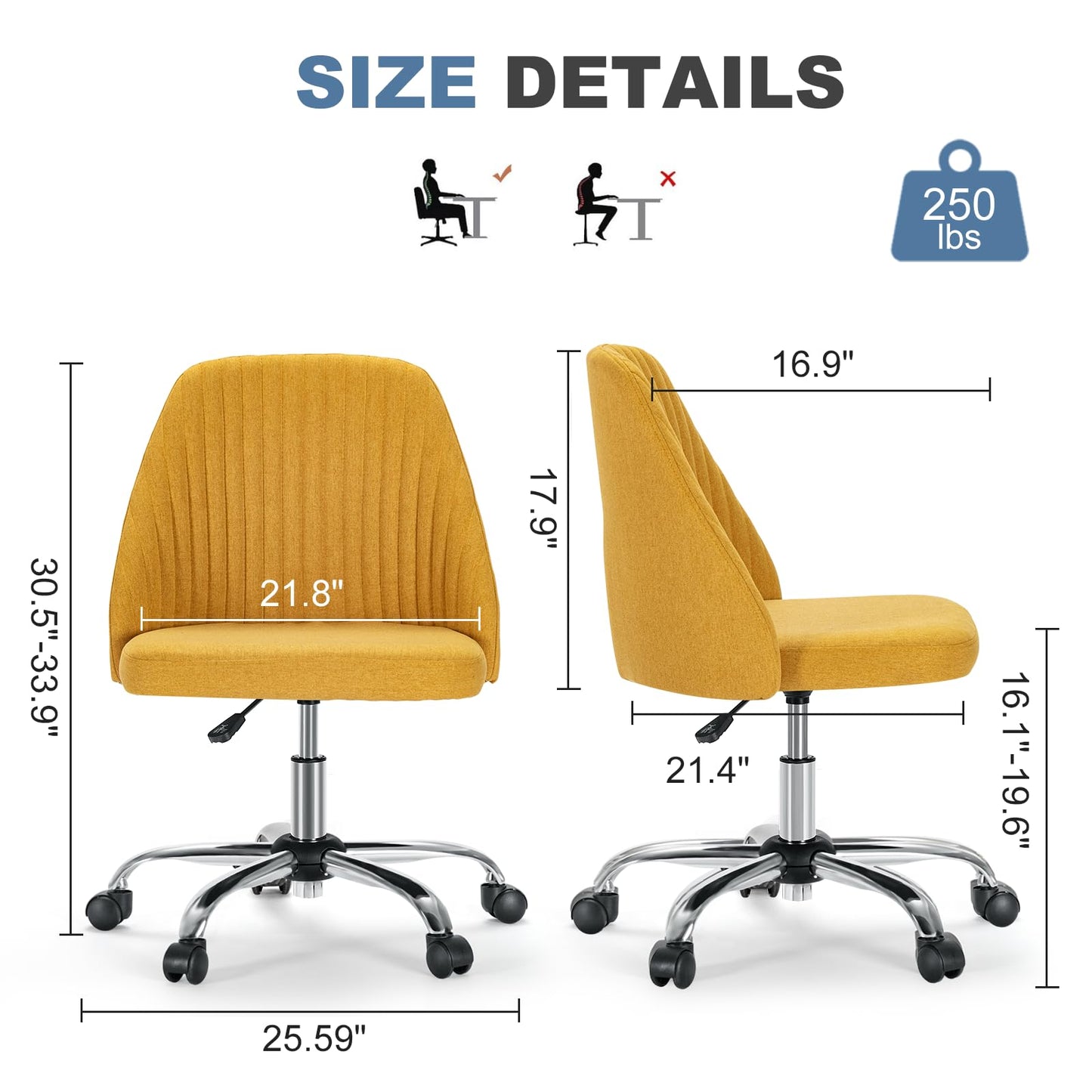 DUMOS Office Desk Chair, Small Cute Mid Century Modern Vanity Swivel Task Chairs with Wheels, Comfortable Back, Armless for Home, Bedrooms, Office, Study, Student, Dressing Room, Yellow
