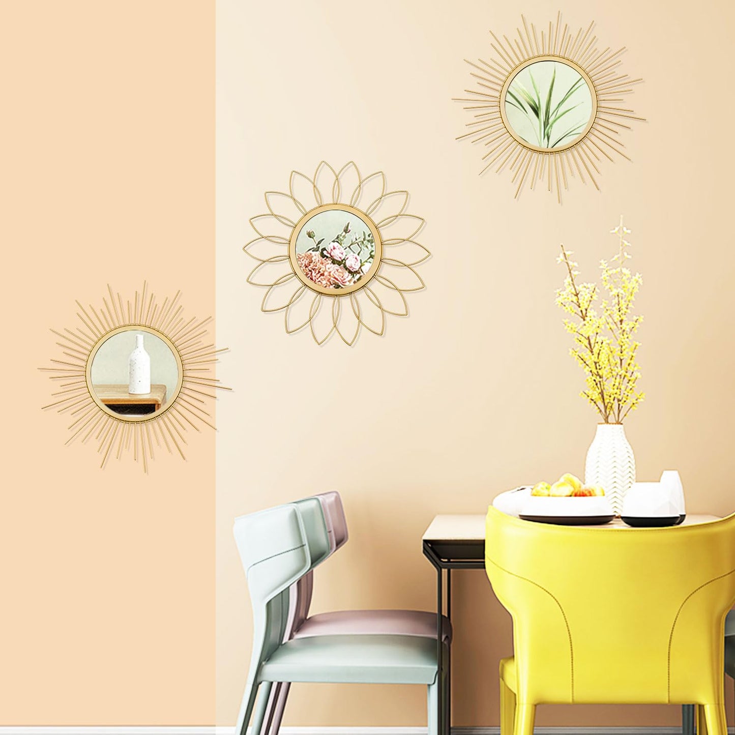 3 Pack Gold Mirrors for Wall Metal Sunburst Wall Mirrors Home Décor Decorative Hanging Wall Art for Living Room Bedroom Entryway
