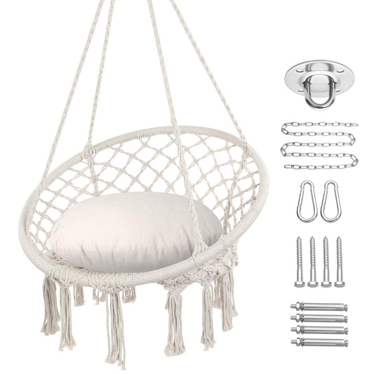 Y- Stop Hammock Chair Macrame Swing Chair, Max 330 Lbs, Hanging Chair Cotton Rope Hammock Chair Swing for Indoor and Outdoor Use, Beige