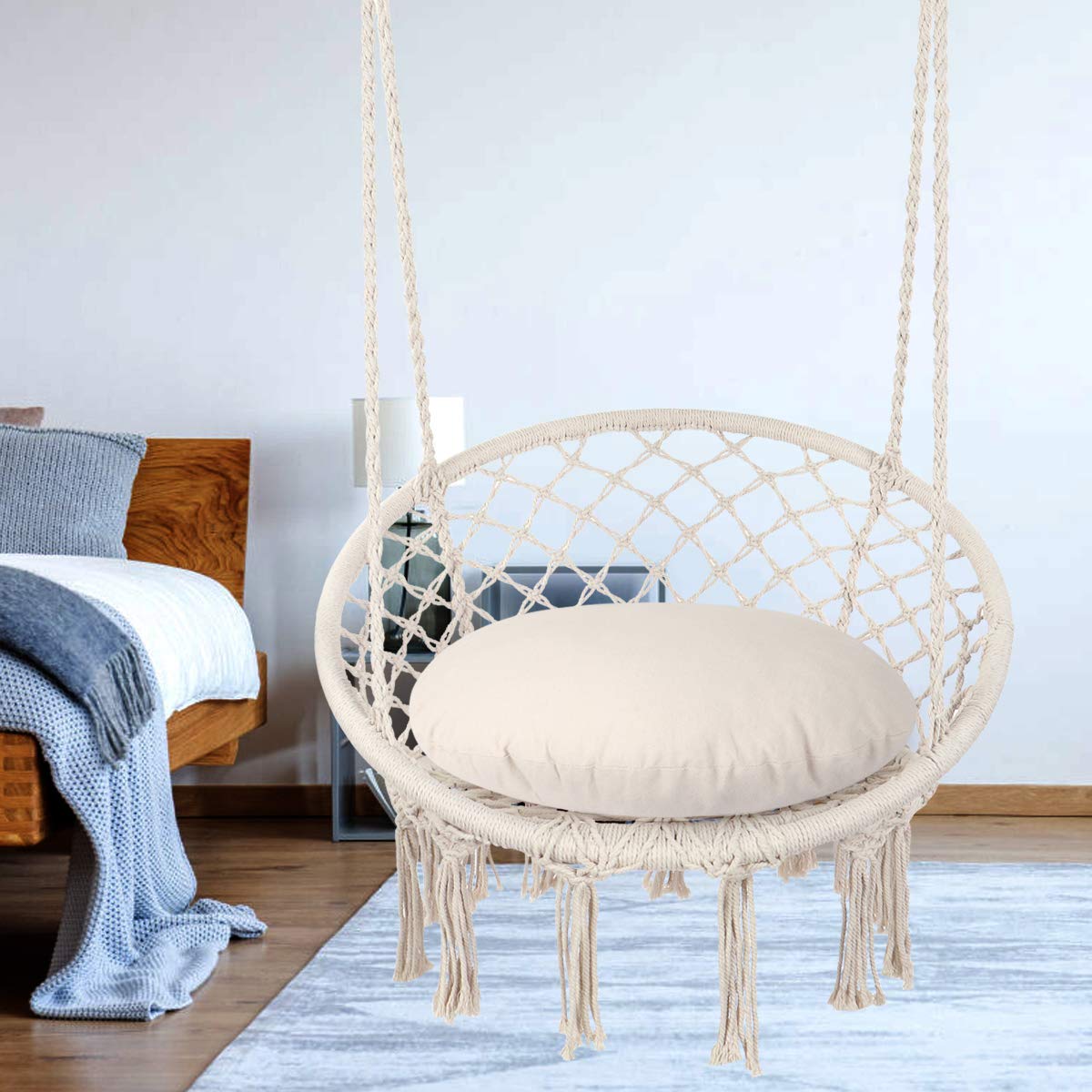 Boho Macrame Swing Chair, Max 330 Lbs, Cotton Rope Hammock Chair for Indoor and Outdoor Use