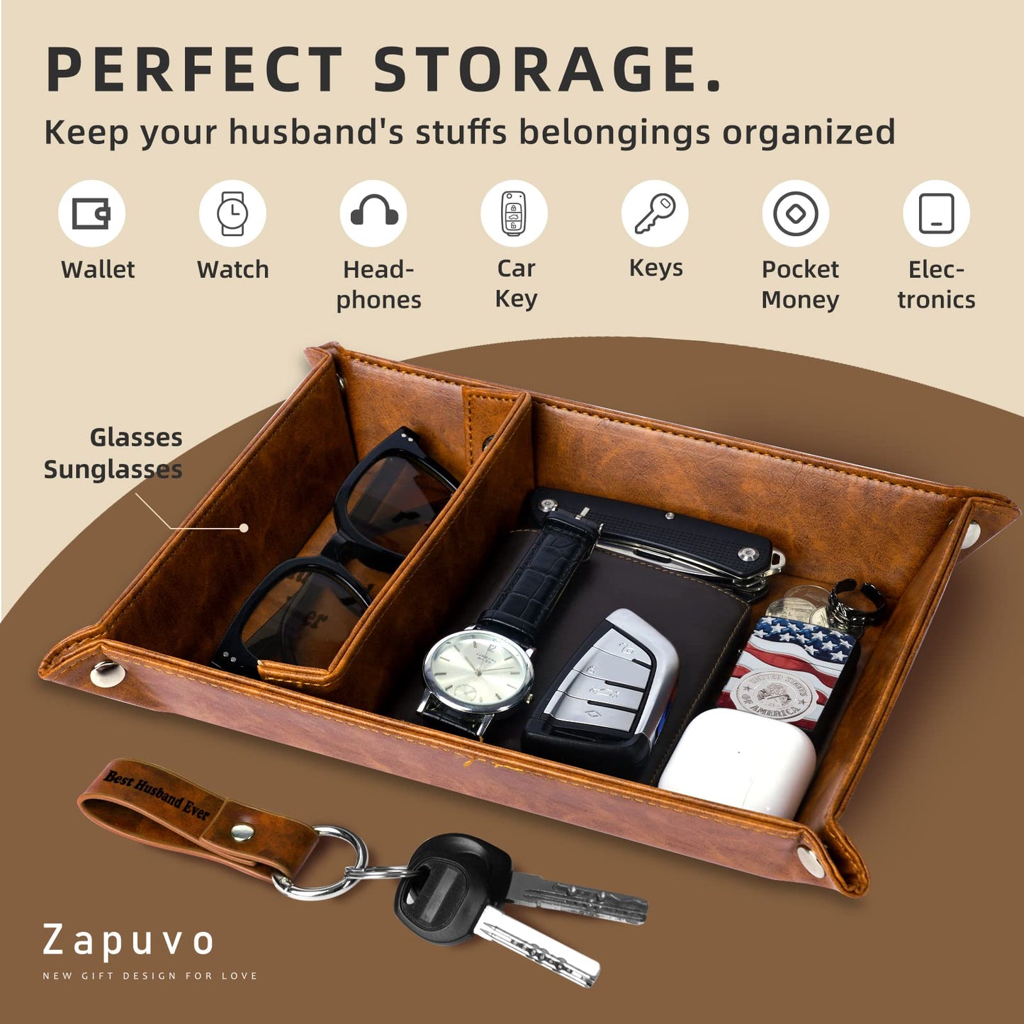 ZAPUVO Best Husband Ever Gifts PU Leather Tray and Keychain, Unique Christmas Xmas Anniversary Birthday Gifts from Wife, Men Gift Stocking Stuffer for Him Husband Valentines Day Who Has Everything