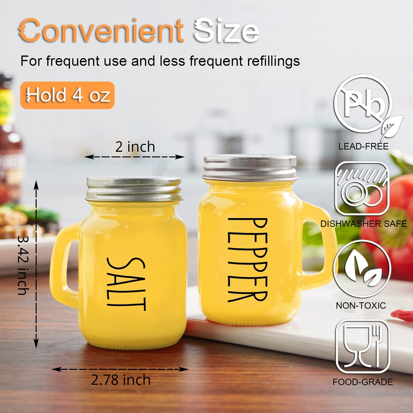 Yellow Salt and Pepper Shakers Set - Yellow Kitchen Decor and Accessories for Home Restaurants Wedding - Glass Salt and Pepper Set for Cooking Table, RV, BBQ, Easy to Clean & Refill