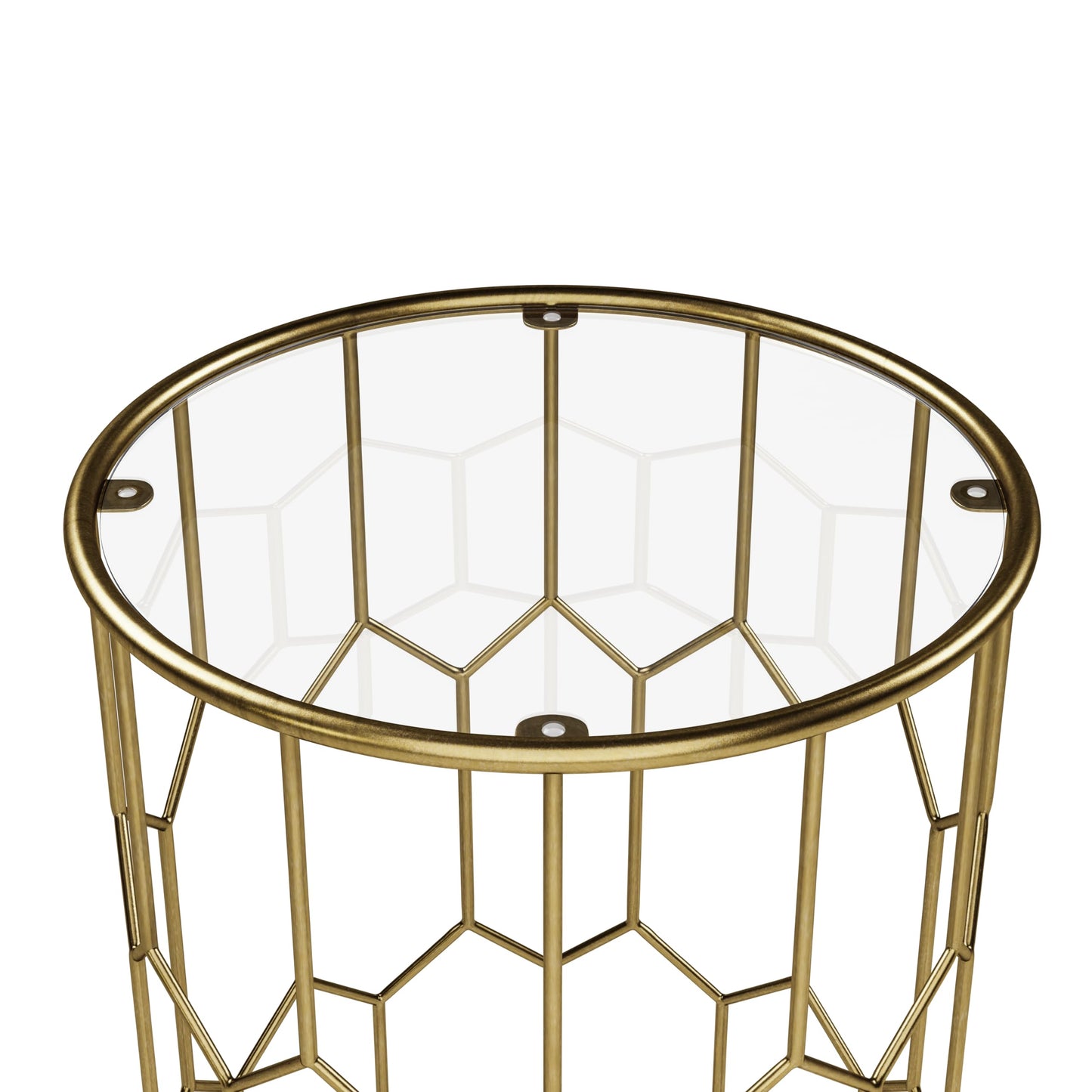 Rivet Geometric Modern Glass and Metal Side End Table Stand, 15.6" W, Gold Finish