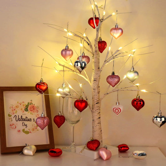 Valentines Day Decor 23.2" Lighted Birch Tree with 24pcs Heart Tree Ornaments, Valentine Table Decorations White Birch Twig Tree with LED Lights and Cute Heart Decor for The Home Wedding Dinner Gifts