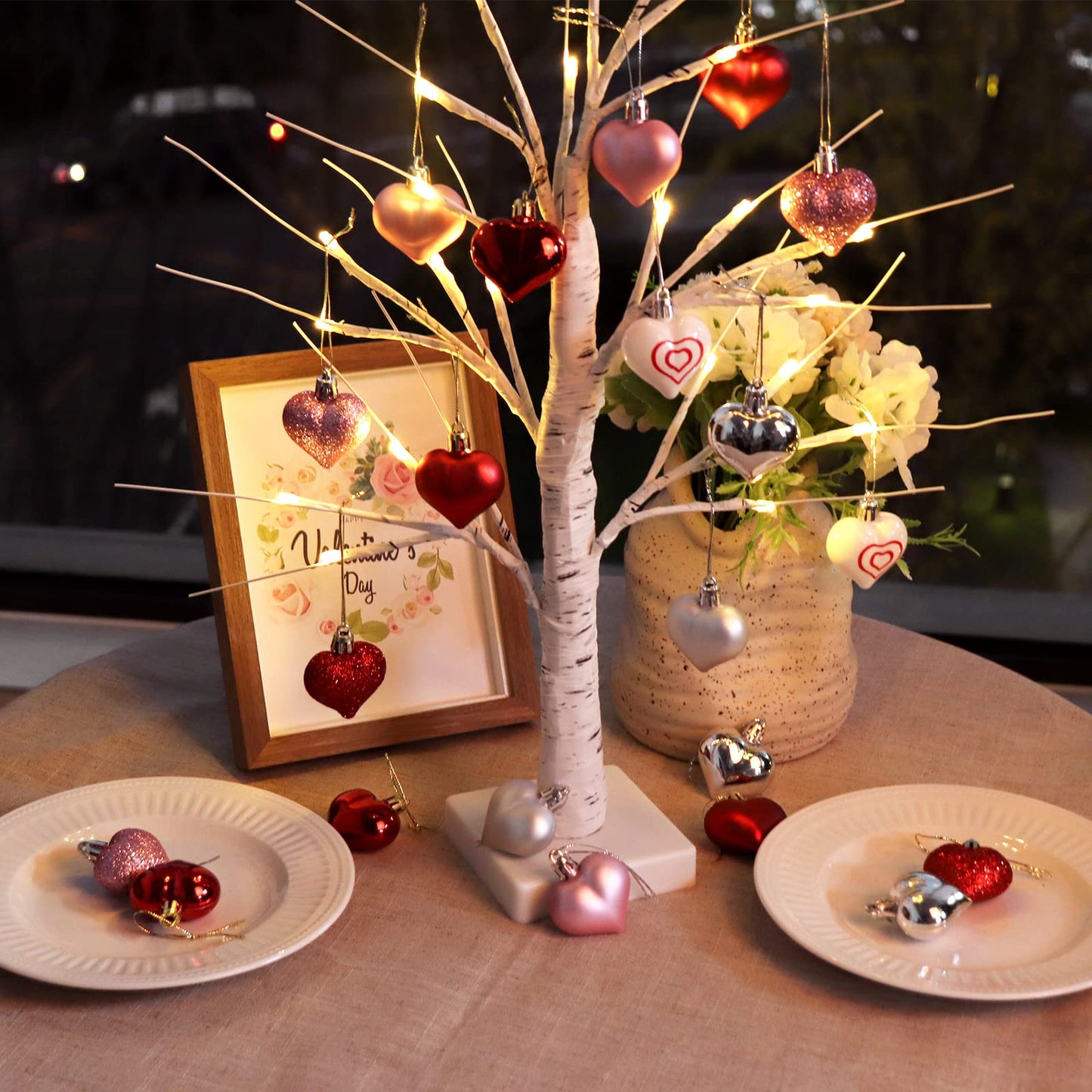 Valentines Day Decor 23.2" Lighted Birch Tree with 24pcs Heart Tree Ornaments, Valentine Table Decorations White Birch Twig Tree with LED Lights and Cute Heart Decor for The Home Wedding Dinner Gifts