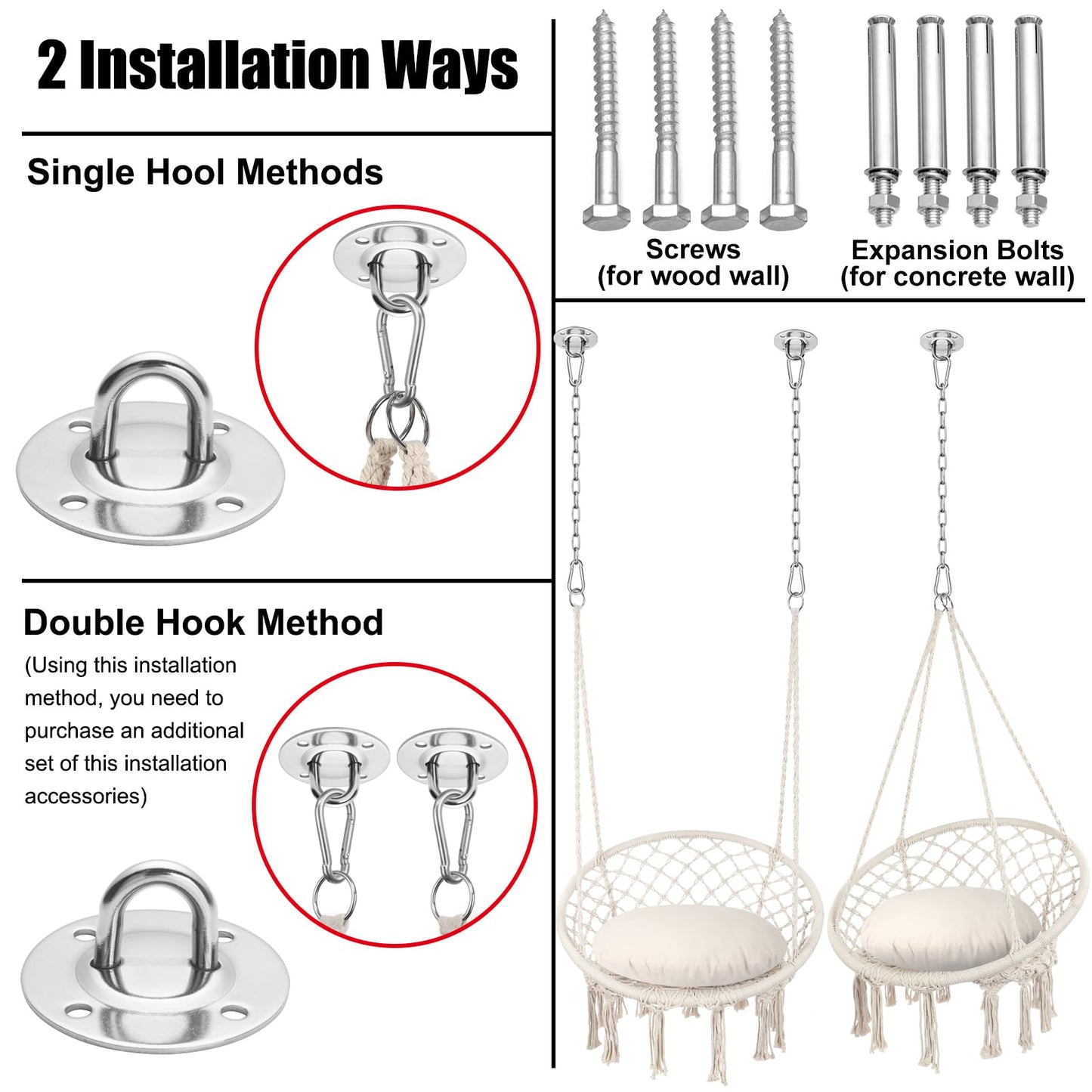 Boho Macrame Swing Chair, Max 330 Lbs, Cotton Rope Hammock Chair for Indoor and Outdoor Use