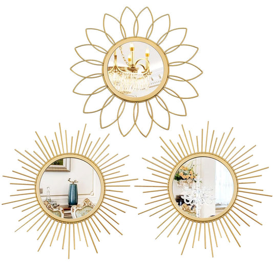 Sunburst Wall Mirrors - Set of 3 Gold Metal Mirrors for Living Room Bedroom Entryway