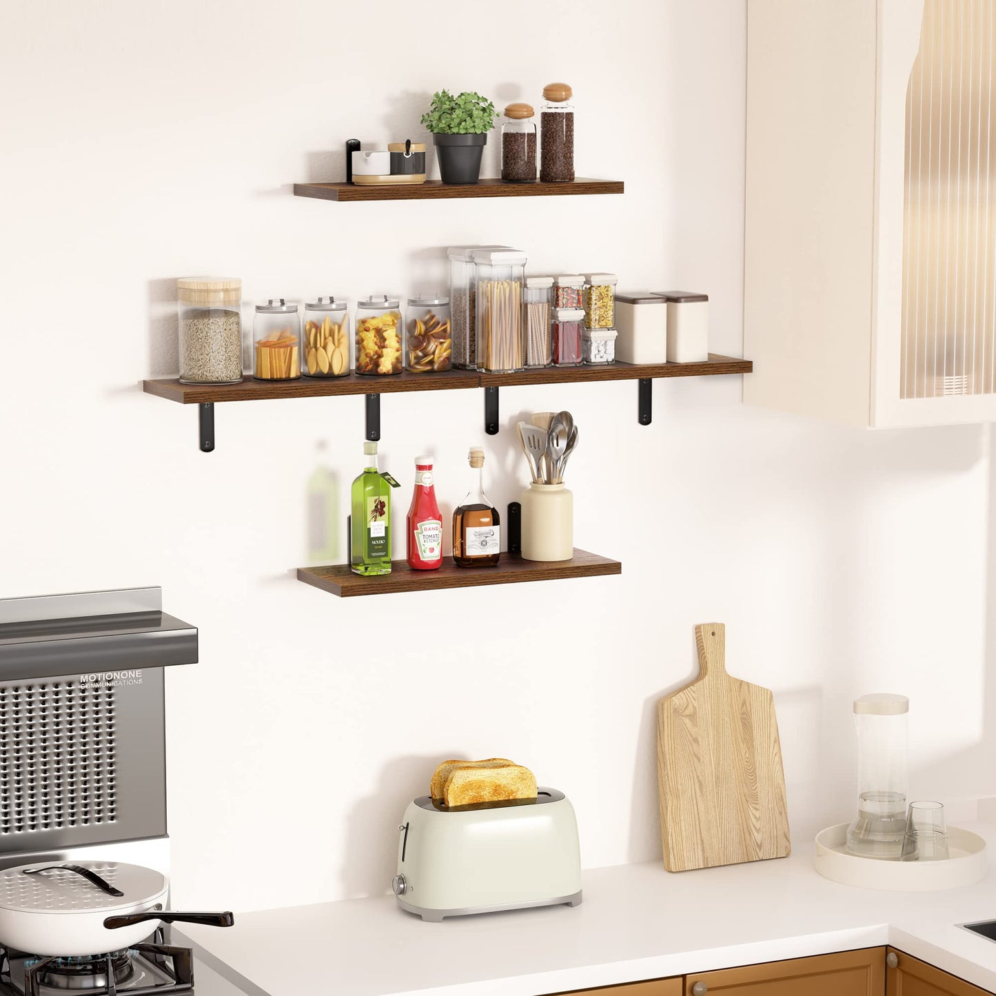 Wall Mounted Floating Shelves, Set of 5 Dark Brown Wood Shelves for Bedroom, Living Room, Bathroom, Kitchen