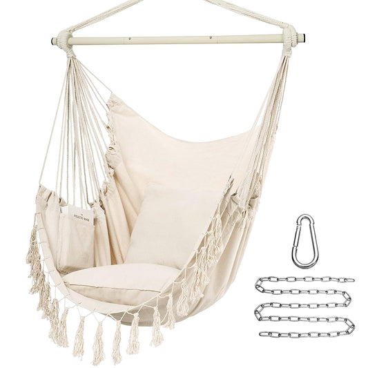 Y- STOP Hammock Chair Hanging Rope Swing, Max 500 Lbs, 2 Cushions Included, Large Macrame Hanging Chair with Pocket for Superior Comfort, with Hardware Kit (Beige)