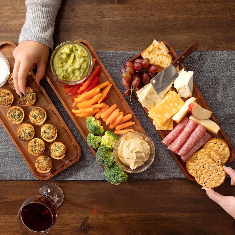 Acacia Wood Serving Trays - Set of 3 Rectangular Platters for Home Decor, Charcuterie, Cheese Board, Appetizers (14 x 5.5 inches)