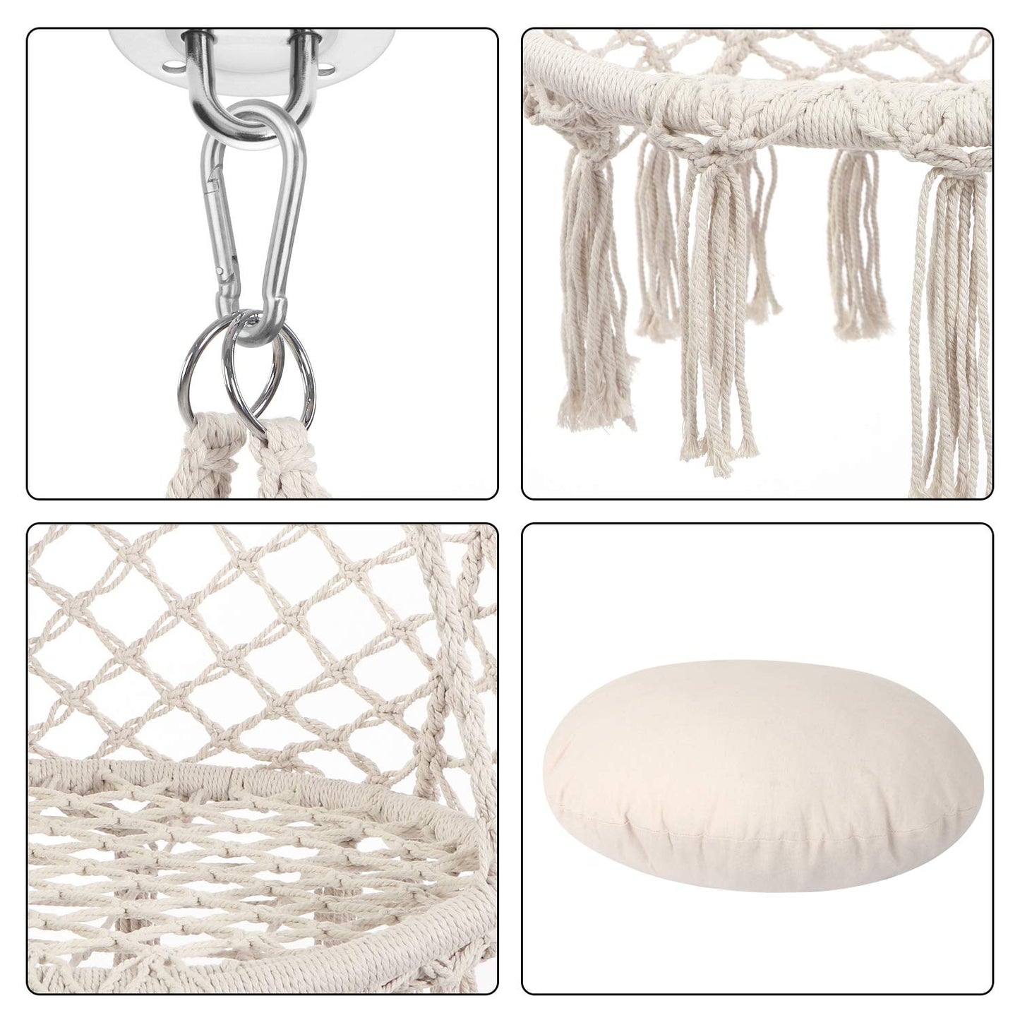 Boho Macrame Swing Chair, Max 330 Lbs, Cotton Rope Hammock Chair for Indoor and Outdoor Use