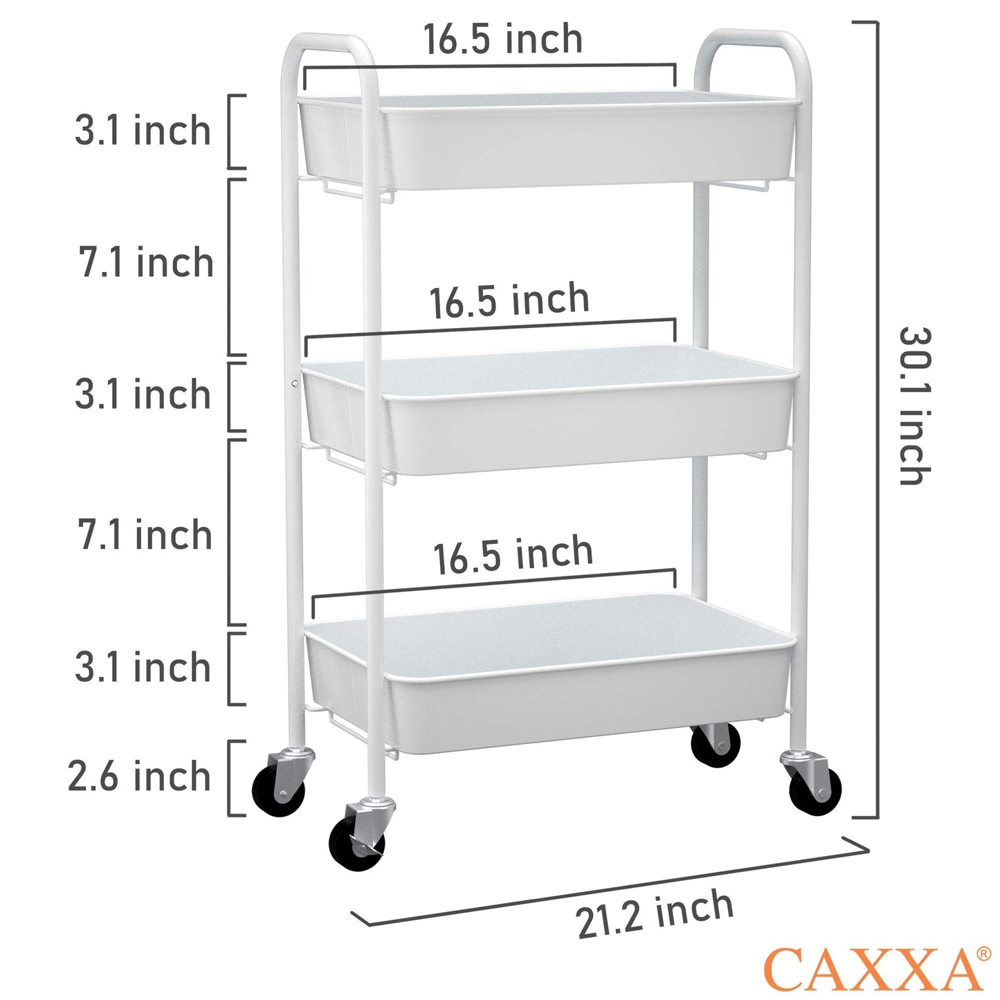 CAXXA 3-Tier Rolling Metal Storage Organizer - Mobile Utility Cart Kitchen Cart with Caster Wheels, White