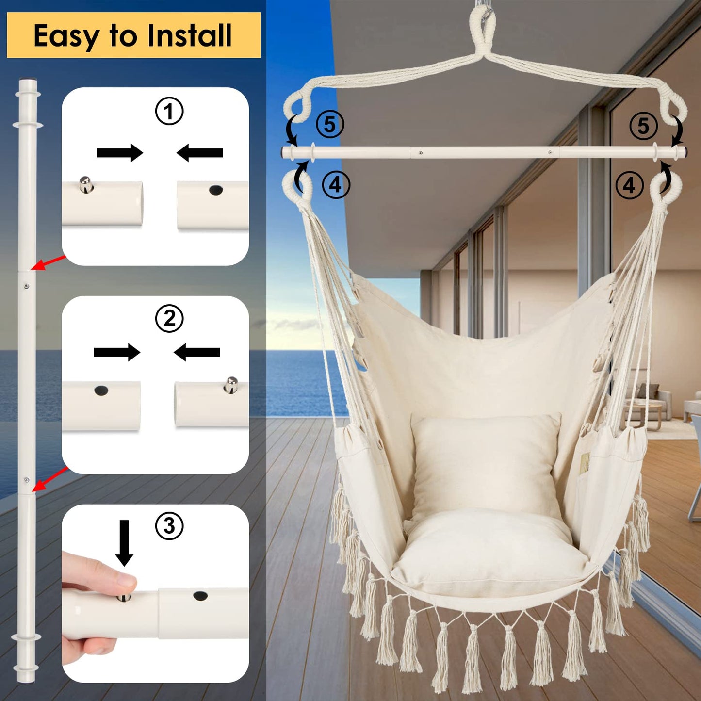 Y- STOP Hammock Chair Hanging Rope Swing, Max 500 Lbs, 2 Cushions Included, Large Macrame Hanging Chair with Pocket for Superior Comfort, with Hardware Kit (Beige)