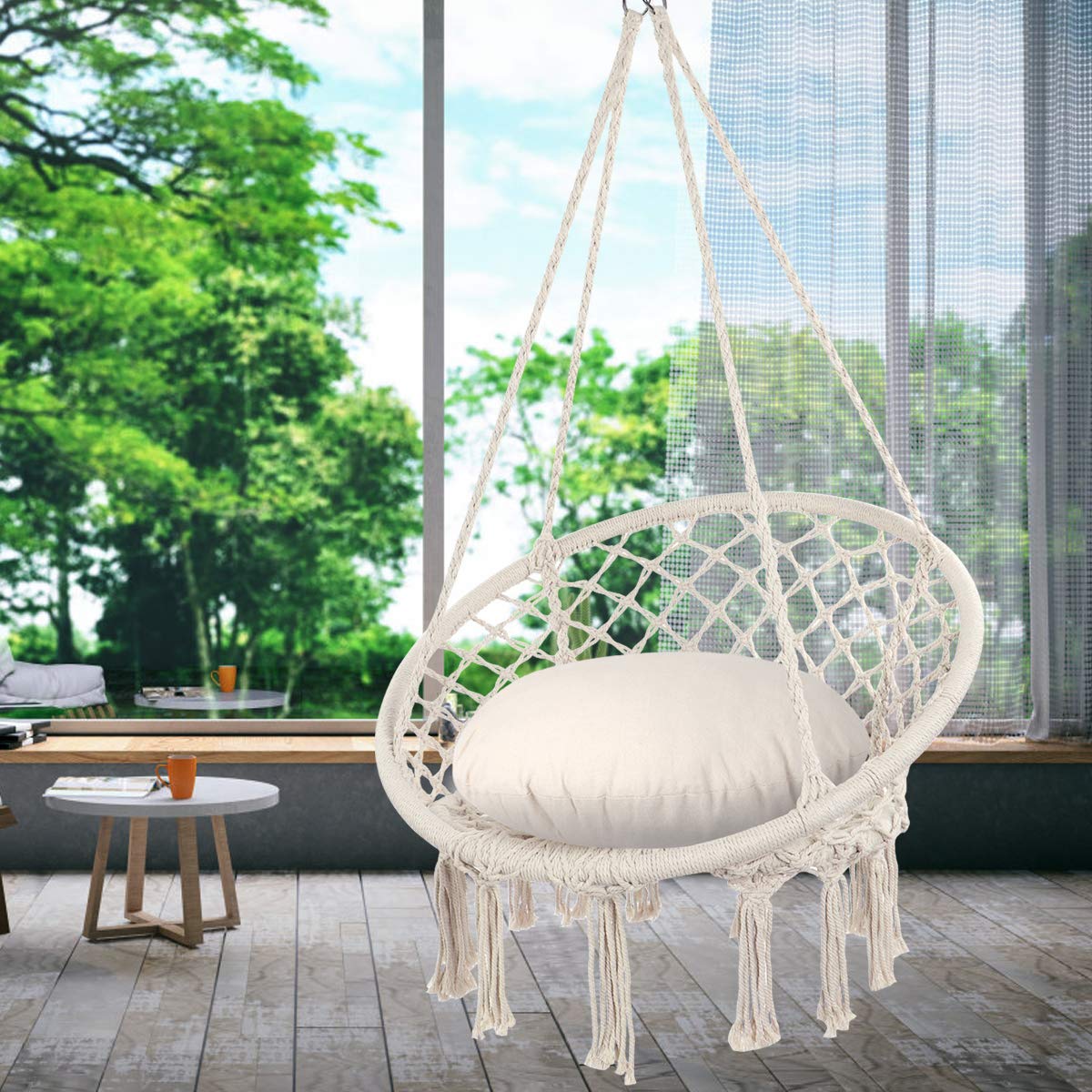 Boho Macrame Swing Chair, Max 330 Lbs, Cotton Rope Hammock Chair for Indoor and Outdoor Use