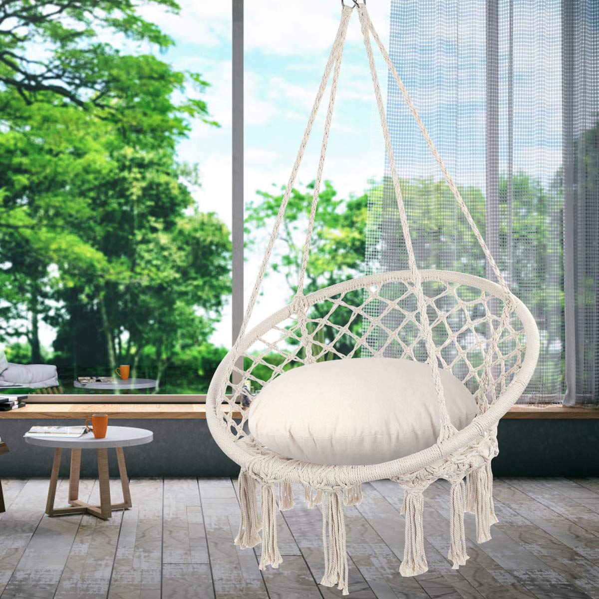 Y- Stop Hammock Chair Macrame Swing Chair, Max 330 Lbs, Hanging Chair Cotton Rope Hammock Chair Swing for Indoor and Outdoor Use, Beige