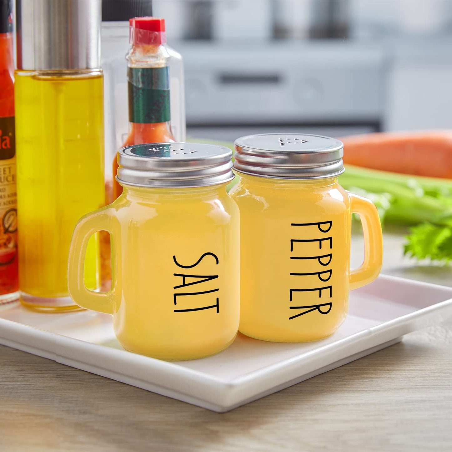 Yellow Salt and Pepper Shakers Set - Yellow Kitchen Decor and Accessories for Home Restaurants Wedding - Glass Salt and Pepper Set for Cooking Table, RV, BBQ, Easy to Clean & Refill