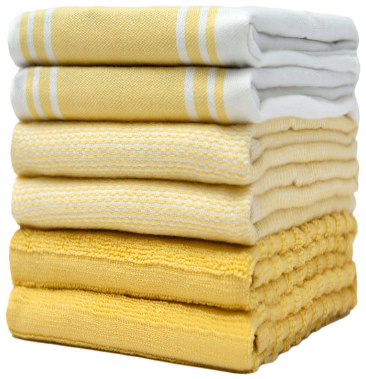 Premium Kitchen Towels (20”x 28”, 6 Pack) | Large Kitchen Hand Towels | Kitchen Towels Cotton | Flat & Terry Towel | Highly Absorbent Tea Towels Set with Hanging Loop | Wide Stripe Yellow