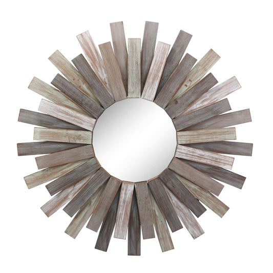 Large Round 32" Wooden Sunburst Wall Mirror with Attached Hanging Bracket - Home Decor
