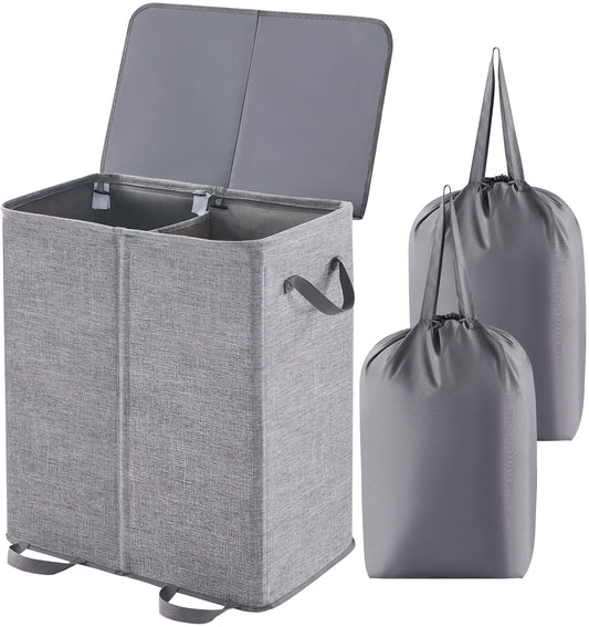 Lifewit Double Laundry Hamper with Lid and Removable Laundry Bags, Large Collapsible 2 Dividers Dirty Clothes Basket with Handles for Bedroom, Laundry Room, Closet, Bathroom, College, Grey