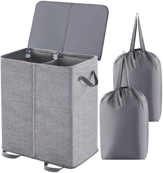 Double Laundry Hamper with Lid and Removable Bags for Bedroom, Dorm Room, Home Organization