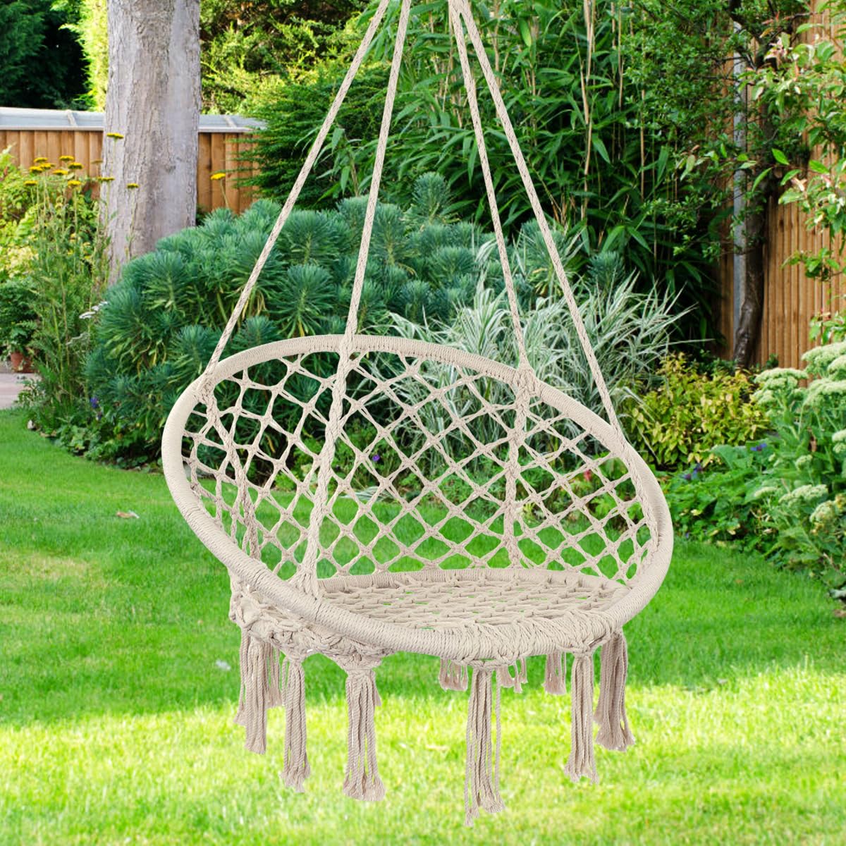 Y- Stop Hammock Chair Macrame Swing Chair, Max 330 Lbs, Hanging Chair Cotton Rope Hammock Chair Swing for Indoor and Outdoor Use, Beige