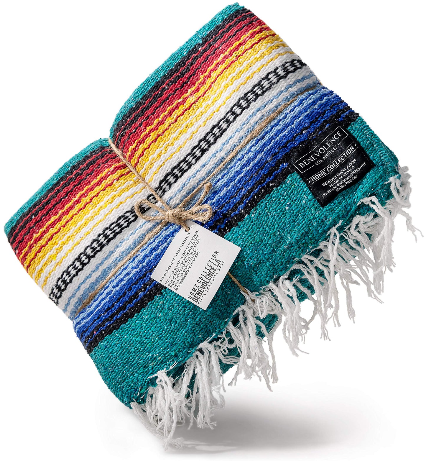 Benevolence LA Mexican Blanket, Authentic Handwoven Yoga Blanket & Outdoor Blanket, Made by Traditional Mexican Artisans, Perfect Camping Blanket, Beach Blanket, Picnic Blanket, & Car Blanket (Agua)