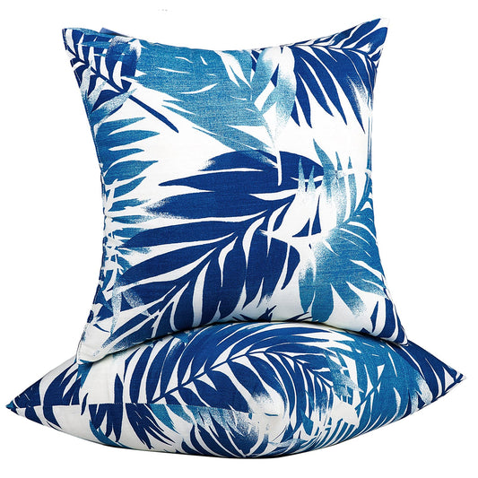 Set of 2 Boho Outdoor Waterproof Throw Pillows with Inserts - 18×18 Inch Blue Palm Leaves for Patio Furniture