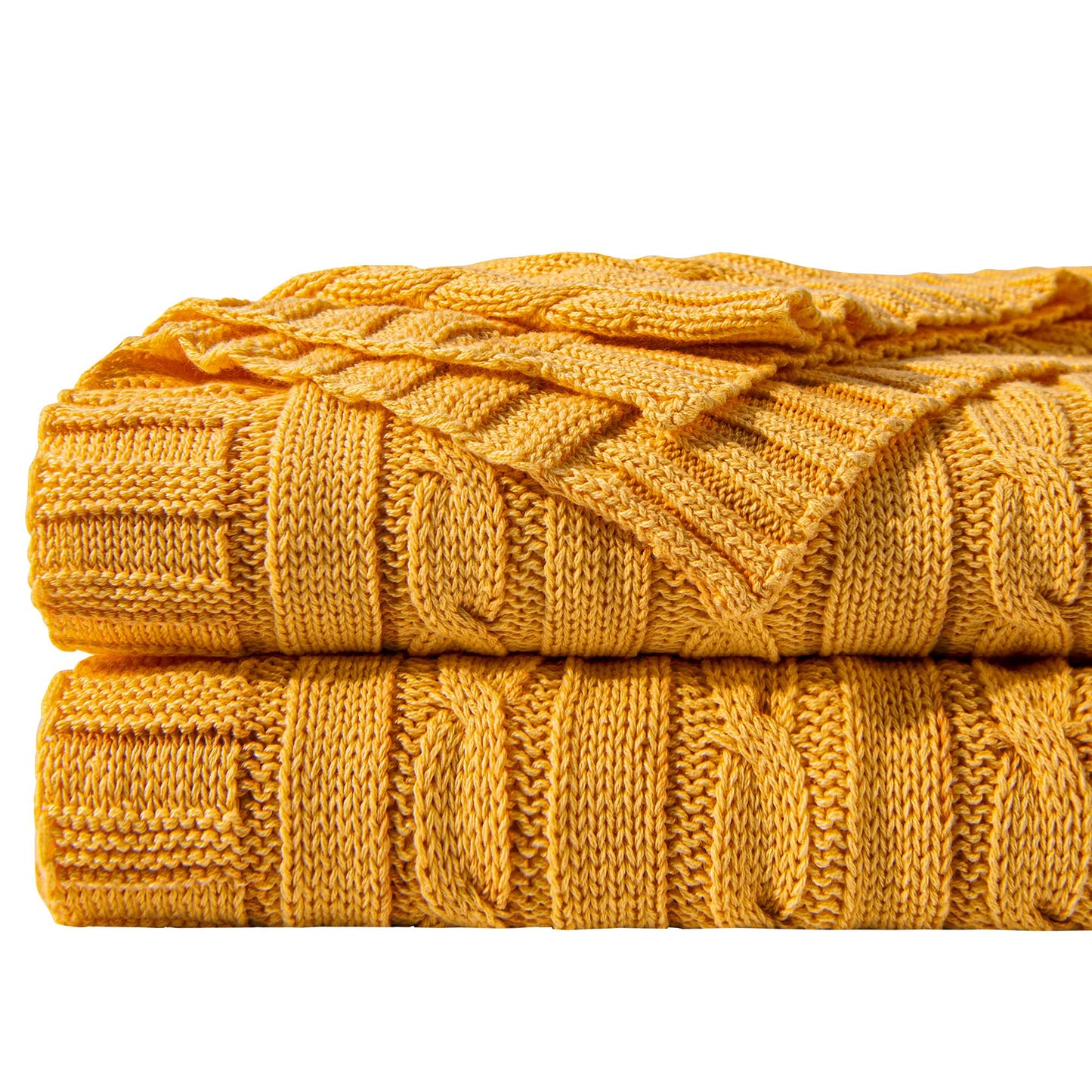 NTBAY 100% Pure Cotton Cable Knit Throw Blanket, Super Soft Warm 51x67 Knitted Throw Blanket for Couch, Sofa, Chair, Bed - Extra Cozy, Machine Washable, Comfortable Home Decor, Ginger Yellow