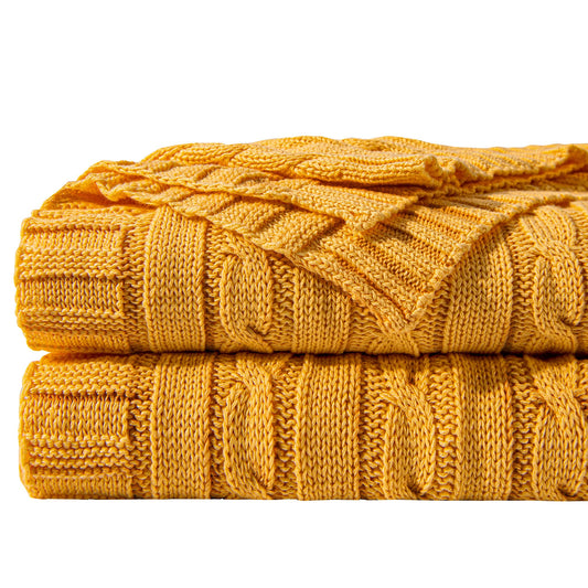 100% Pure Cotton Cable Knit Throw Blanket for Couch, Sofa, Bed - Super Soft Warm 51x67 Knitted Throw Blanket, Ginger Yellow