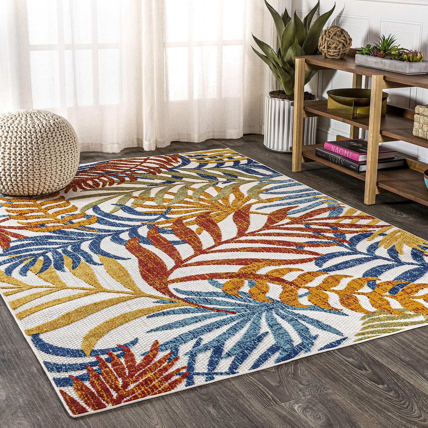 JONATHAN Y AMC100B-8 Tropics Palm Leaves Indoor Outdoor Area-Rug Bohemian Floral Easy-Cleaning High Traffic Bedroom Kitchen Backyard Patio Porch Non Shedding, 8 X 10, Cream/Orange