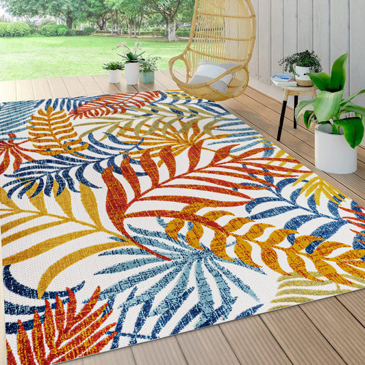8x10 Boho Palm Leaves Indoor/Outdoor Rug - Easy-Clean, Non-Shedding for High Traffic Areas, Cream/Orange