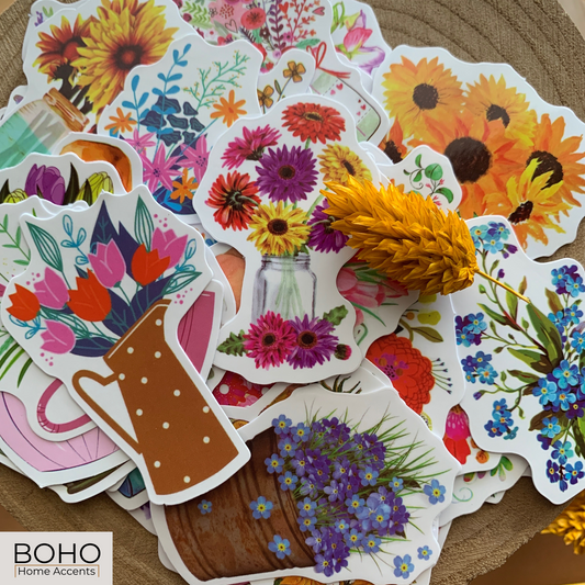 Flower Stickers Fun Cheerful Stickers – Boho stickers for Journaling or Agenda-Keeping, Package of 50 Stickers | Boho Home Accents