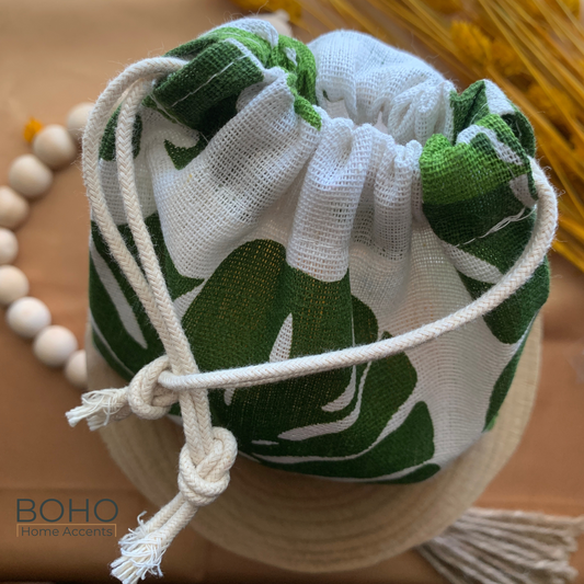 Green Leaves bohemian Drawstring Bags, 6 x 6 inches, 9 x 7.5 inches, cotton bag for essentials | Boho Home Accents