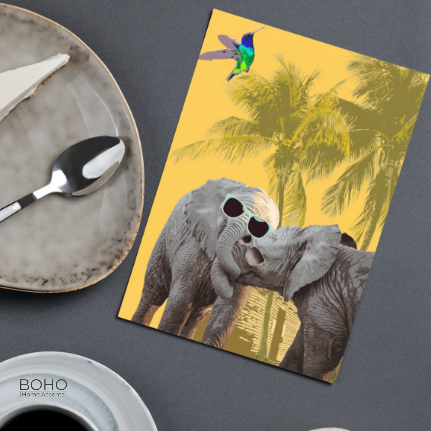Art Card, Happy Elephants everyday Greeting Card, Birthday Card, All occasions blank note card, Blank inside, 5x7 with envelope | Boho Home Accents