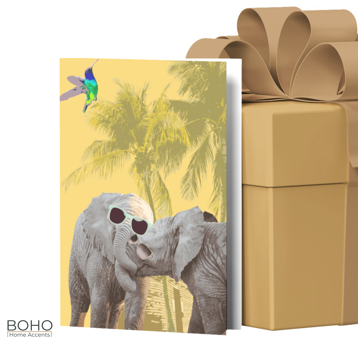 Art Card, Happy Elephants everyday Greeting Card, Birthday Card, All occasions blank note card, Blank inside, 5x7 with envelope | Boho Home Accents