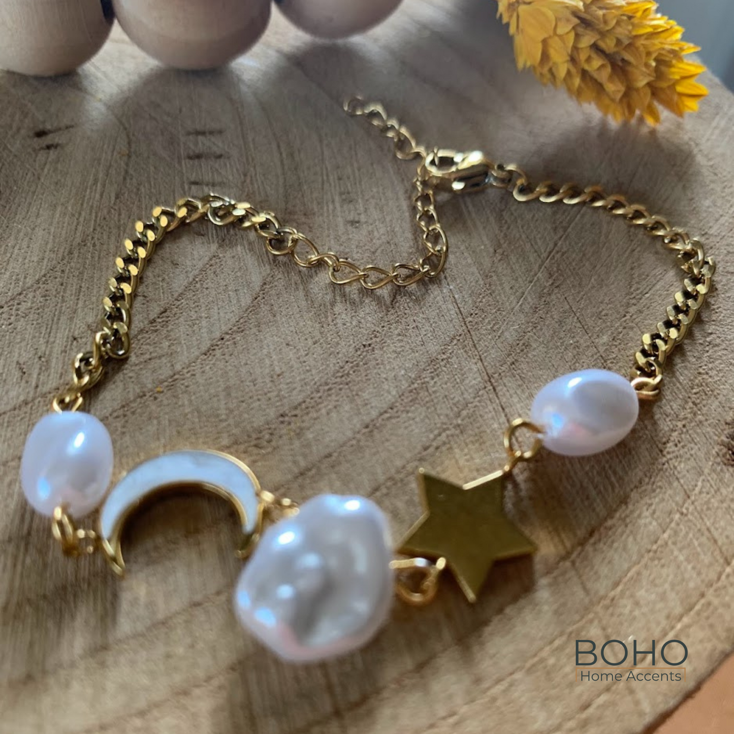 Celestial Bracelet - Stainless steel Gold bracelet, Pulsera oro, Moon stars boho bracelet | Boho Home Accents